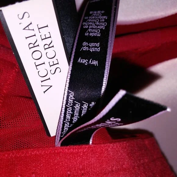 Victoria Secret Bra Push Up Red Silver Shine Strap Logo Lace Long Line Very Sexy Bras